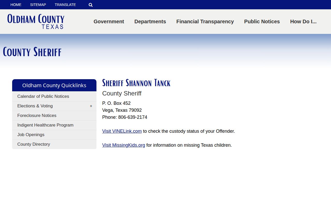 Oldham County Sheriff custody and records contact page